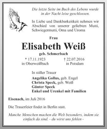 Traueranzeige von Elisabeth Weiß von Thüringer Allgemeine, Thüringische Landeszeitung