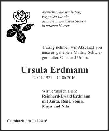 Traueranzeige von Ursula Erdmann von Ostthüringer Zeitung, Thüringische Landeszeitung