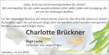 Traueranzeige von Charlotte Brückner von Ostthüringer Zeitung, Thüringische Landeszeitung