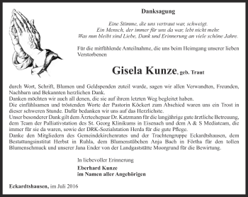 Traueranzeige von Gisela Kunze von Thüringer Allgemeine, Thüringische Landeszeitung