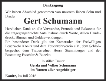 Traueranzeige von Gert Schumann von Ostthüringer Zeitung