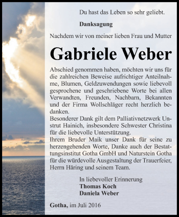 Traueranzeige von Gabriele Weber von Ostthüringer Zeitung, Thüringische Landeszeitung
