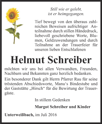 Traueranzeige von Helmut Schreiber von Ostthüringer Zeitung