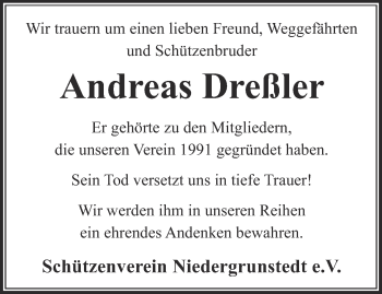 Traueranzeige von Andreas Dreßler von Thüringer Allgemeine, Thüringische Landeszeitung