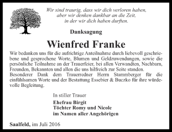 Traueranzeige von Wienfried Franke von Ostthüringer Zeitung