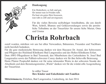 Traueranzeige von Christa Rohrbach von Thüringer Allgemeine, Thüringische Landeszeitung