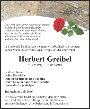 Traueranzeige von Herbert Greibel von Thüringer Allgemeine, Thüringische Landeszeitung