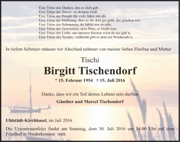 Traueranzeige von Birgitt Tischendorf von Ostthüringer Zeitung, Thüringische Landeszeitung