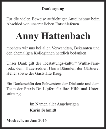 Traueranzeige von Anny Hattenbach von Thüringer Allgemeine, Thüringische Landeszeitung