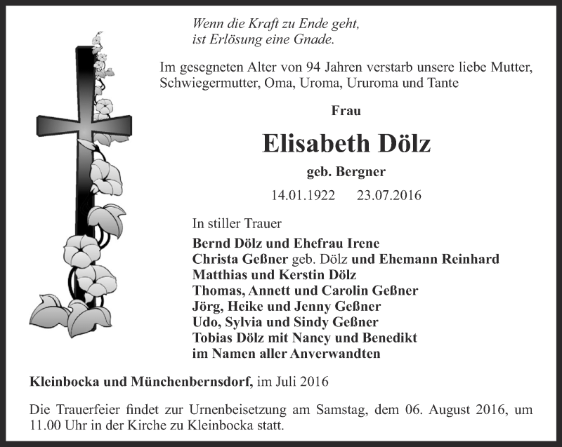  Traueranzeige für Elisabeth Dölz vom 30.07.2016 aus Ostthüringer Zeitung