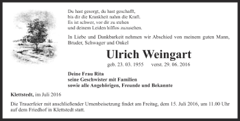 Traueranzeige von Ulrich Weingart von Thüringer Allgemeine, Thüringische Landeszeitung