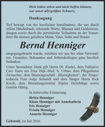 Traueranzeige von Bernd Henniger von Thüringer Allgemeine, Thüringische Landeszeitung