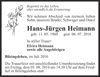 Traueranzeige von Hans-Jürgen Heimann von Thüringer Allgemeine