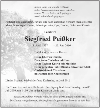 Traueranzeige von Siegfried Peißker von Ostthüringer Zeitung