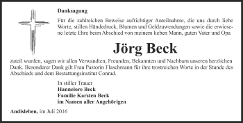 Traueranzeige von Jörg Beck von Thüringer Allgemeine, Thüringische Landeszeitung