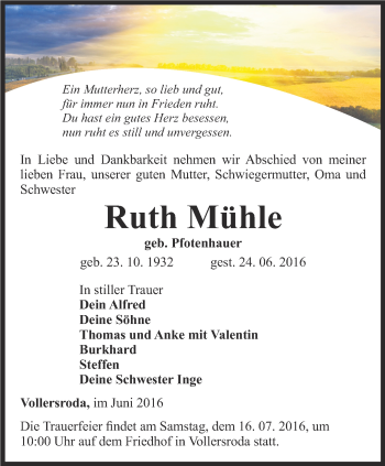 Traueranzeige von Ruth Mühle von Thüringer Allgemeine, Thüringische Landeszeitung