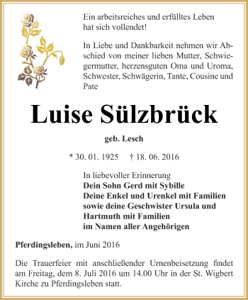Traueranzeige von Luise Sülzbrück von Ostthüringer Zeitung, Thüringische Landeszeitung