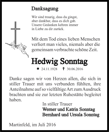 Traueranzeige von Hedwig Sonntag von Thüringer Allgemeine