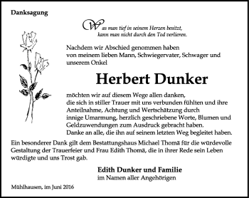 Traueranzeige von Herbert Dunker von Thüringer Allgemeine, Thüringische Landeszeitung