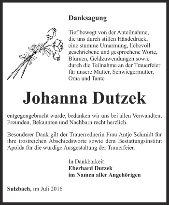 Traueranzeige von Johanna Dutzek von Thüringer Allgemeine, Thüringische Landeszeitung