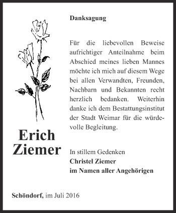 Traueranzeige von Erich Ziemer von Thüringer Allgemeine, Thüringische Landeszeitung