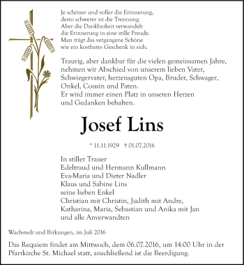 Traueranzeige von Josef Lins von Thüringer Allgemeine