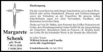 Traueranzeige von Margarete Schenk von Ostthüringer Zeitung, Thüringische Landeszeitung