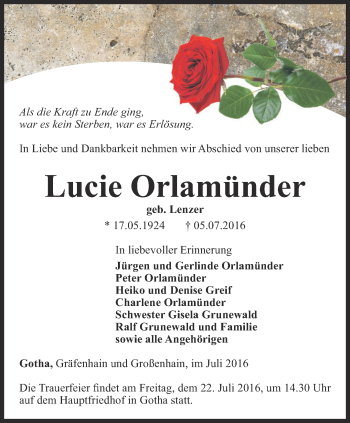 Traueranzeige von Lucie Orlamünder von Ostthüringer Zeitung, Thüringische Landeszeitung