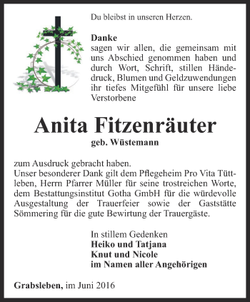 Traueranzeige von Anita Fitzenräuter von Ostthüringer Zeitung, Thüringische Landeszeitung