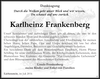 Traueranzeige von Karlheinz Frankenberg von Thüringer Allgemeine