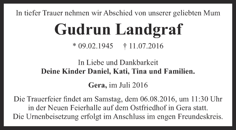  Traueranzeige für Gudrun Landgraf  vom 27.07.2016 aus Ostthüringer Zeitung