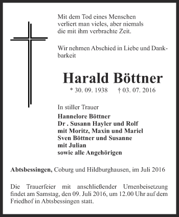 Traueranzeige von Harald Böttner von Thüringer Allgemeine