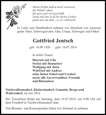 Traueranzeige von Gottfried Jentsch von Ostthüringer Zeitung