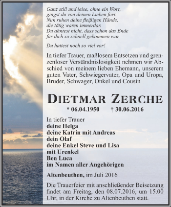 Traueranzeige von Dietmar Zerche von Ostthüringer Zeitung