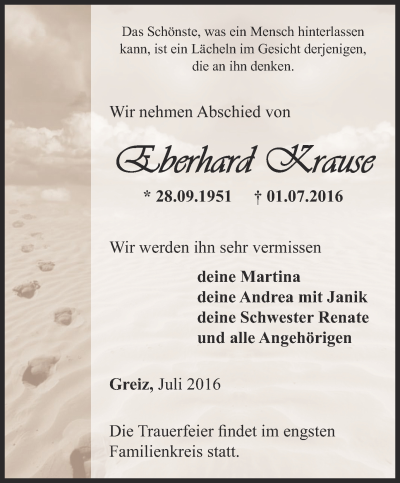  Traueranzeige für Eberhard Krause vom 12.07.2016 aus Ostthüringer Zeitung