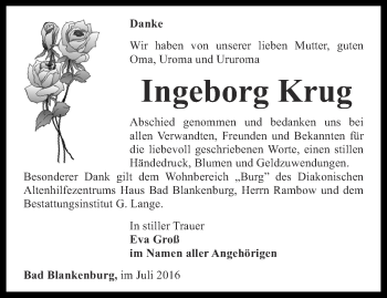 Traueranzeige von Ingeborg Krug von Ostthüringer Zeitung