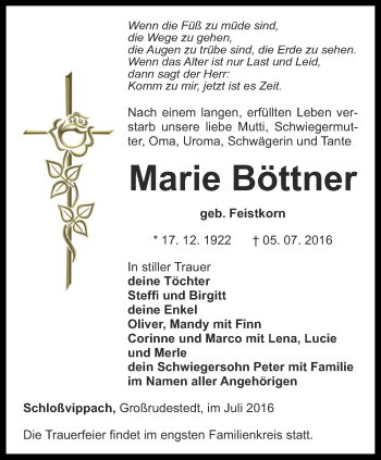 Traueranzeige von Marie Böttner von Thüringer Allgemeine