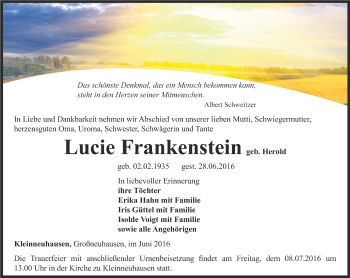 Traueranzeige von Lucie Frankenstein von Thüringer Allgemeine