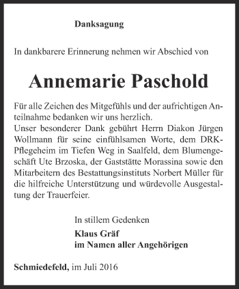 Traueranzeige von Annemarie Paschold von Ostthüringer Zeitung