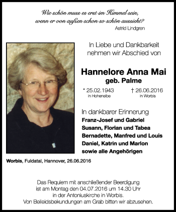 Traueranzeige von Hannelore Anna Mai von Thüringer Allgemeine