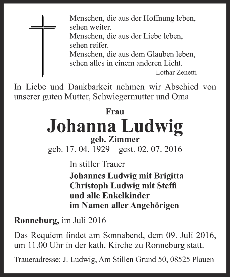  Traueranzeige für Johanna Ludwig vom 06.07.2016 aus Ostthüringer Zeitung