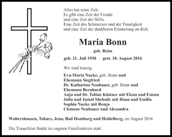 Traueranzeige von Maria Bonn von Ostthüringer Zeitung, Thüringische Landeszeitung