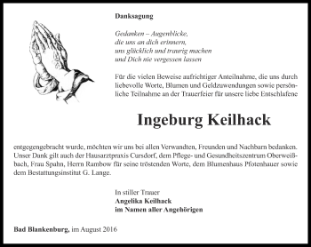 Traueranzeige von Ingeburg Keilhack von Ostthüringer Zeitung
