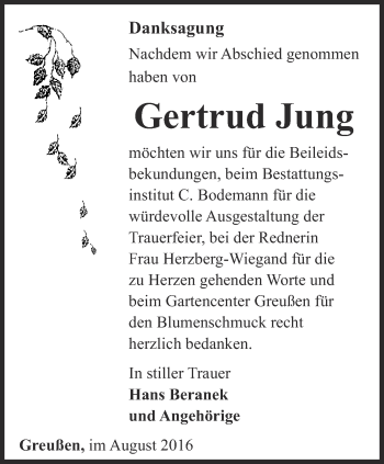 Traueranzeige von Gertrud Jung von Thüringer Allgemeine