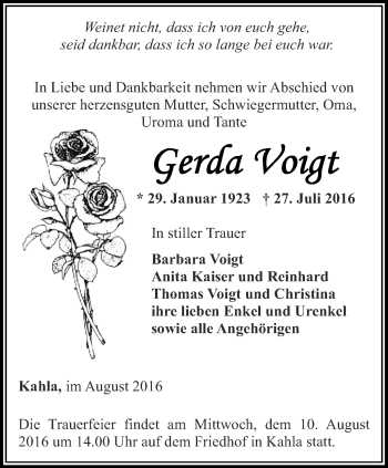 Traueranzeige von Gerda Voigt von Ostthüringer Zeitung, Thüringische Landeszeitung