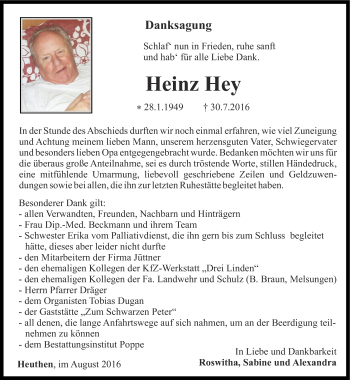 Traueranzeige von Heinz Hey von Thüringer Allgemeine