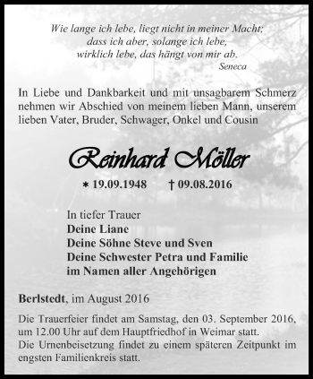 Traueranzeige von Reinhard Möller von Thüringer Allgemeine, Thüringische Landeszeitung