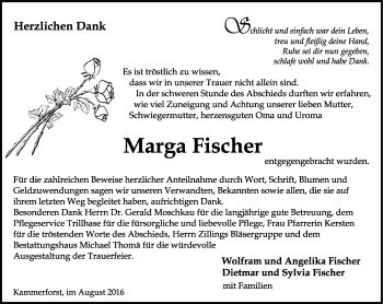 Traueranzeige von Marga Fischer von Thüringer Allgemeine, Thüringische Landeszeitung