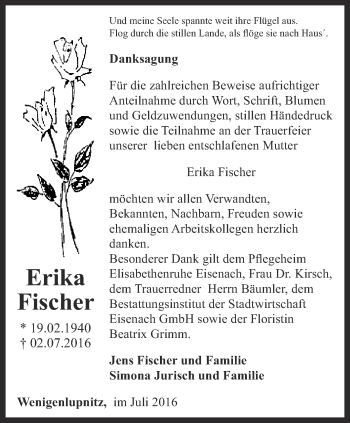 Traueranzeige von Erika Fischer von Thüringer Allgemeine, Thüringische Landeszeitung