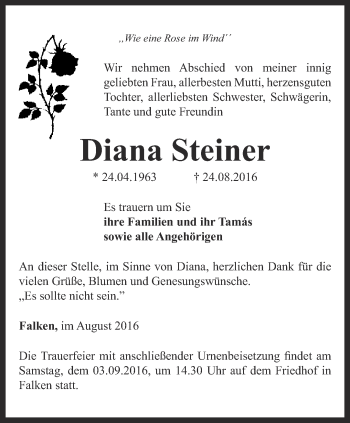 Traueranzeige von Diana Steiner von Thüringer Allgemeine, Thüringische Landeszeitung